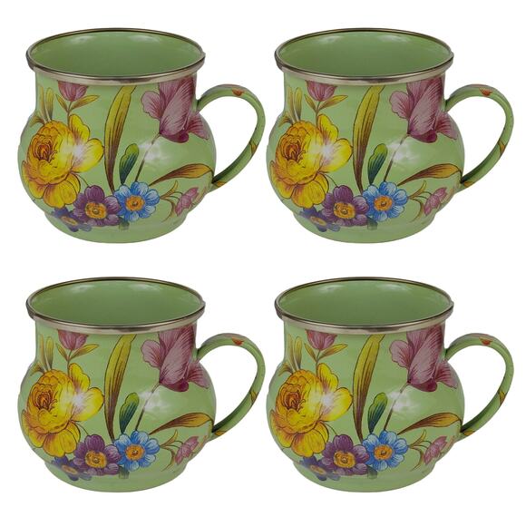 MACKENZIE-CHILDS Enamelware Mug Set of 4 Flower Market Green  New - Picture 1 of 5